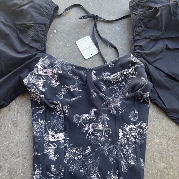 Free People Prairie Floral Horses Bodysuit NWT Puff Sleeves Tie Back Boho Medium - Picture 2 of 6